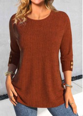 Brick Red Button Long Sleeve Round Neck T Shirt | thumb picture 