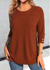 Brick Red Button Long Sleeve Round Neck T Shirt | thumb picture 