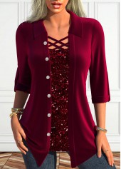 Wine Red Fake 2in1 Square Neck Blouse