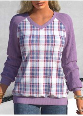 Light Purple Patchwork Plaid Long Sleeve V Neck Sweatshirt