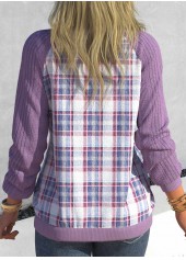 Light Purple Patchwork Plaid Long Sleeve V Neck Sweatshirt | thumb picture 