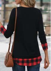 Red Patchwork Plaid Long Sleeve Round Neck T Shirt