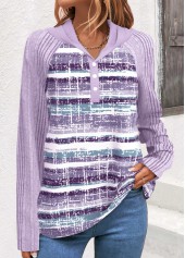 Light Purple Button Striped Long Sleeve Hooded Sweatshirt
