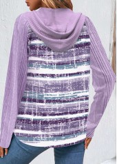 Light Purple Button Striped Long Sleeve Hooded Sweatshirt | thumb picture 