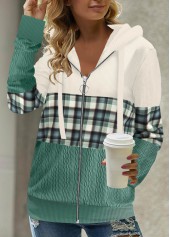 Green Patchwork Plaid Long Sleeve Hoodie | thumb picture 