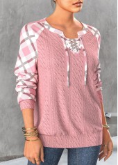 Light Pink Lace Up Plaid Long Sleeve Sweatshirt | thumb picture 