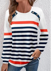 Navy Button Multi Stripe Print Long Sleeve T Shirt