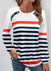 Navy Button Multi Stripe Print Long Sleeve T Shirt | thumb picture 