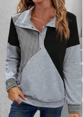 Black Snap Button Striped Long Sleeve Turtleneck Sweatshirt | thumb picture 