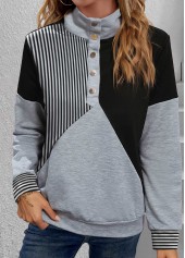 Black Snap Button Striped Long Sleeve Turtleneck Sweatshirt