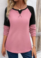 Pink Patchwork Long Sleeve Round Neck T Shirt