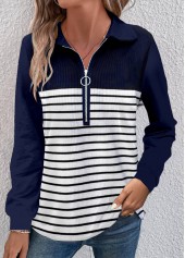 Navy Zipper Striped Long Sleeve T Shirt