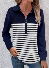 Navy Zipper Striped Long Sleeve T Shirt | thumb picture 