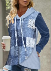 Denim Blue Asymmetry Patchwork Long Sleeve Hoodie