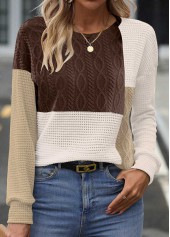 Dark Coffee Patchwork Long Sleeve Round Neck Sweatshirt | thumb picture 