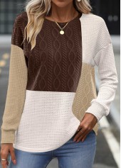 Dark Coffee Patchwork Long Sleeve Round Neck Sweatshirt