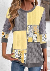 Grey Patchwork Geometric Print Long Sleeve Round Neck Sweatshirt