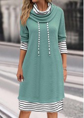 Sage Green Patchwork Striped Long Sleeve Shift Dress