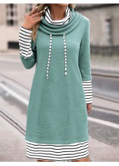 Sage Green Patchwork Striped Long Sleeve Shift Dress | thumb picture 