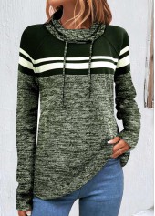 Blackish Green Patchwork Striped Long Sleeve Cowl Neck Sweatshirt