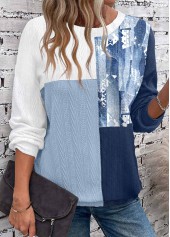 Dusty Blue Patchwork Long Sleeve Round Neck Sweatshirt