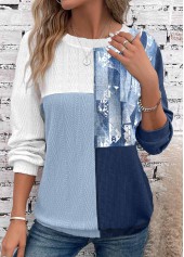 Dusty Blue Patchwork Long Sleeve Round Neck Sweatshirt | thumb picture 