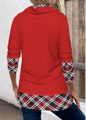 Red Patchwork Plaid Long Sleeve Cowl Neck Sweatshirt | thumb picture 