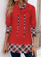 Red Patchwork Plaid Long Sleeve Cowl Neck Sweatshirt