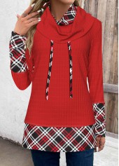 Red Patchwork Plaid Long Sleeve Cowl Neck Sweatshirt | thumb picture 