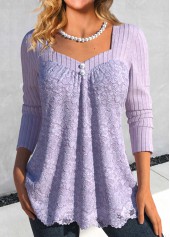 Light Purple Lace Long Sleeve Heart Collar T Shirt