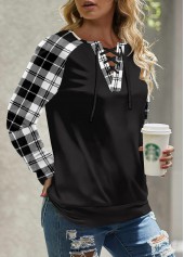 Black Lace Up Plaid Long Sleeve Round Neck Sweatshirt | thumb picture 