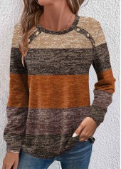 Dark Camel Button Striped Long Sleeve T Shirt