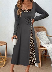 Dark Grey Asymmetry Leopard A Line Long Sleeve Dress | thumb picture 
