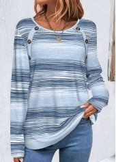 Blue Button Striped Long Sleeve Round Neck T Shirt