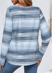 Blue Button Striped Long Sleeve Round Neck T Shirt | thumb picture 