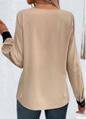 Light Camel Patchwork Long Sleeve Asymmetrical Neck Blouse | thumb picture 