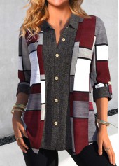 Dark Grey Button Geometric Print Shirt Collar Blouse