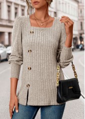 Beige Button Long Sleeve Square Neck T Shirt