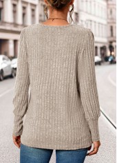 Beige Button Long Sleeve Square Neck T Shirt | thumb picture 