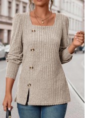 Beige Button Long Sleeve Square Neck T Shirt | thumb picture 