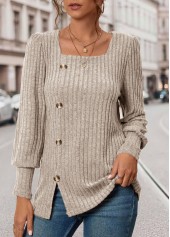 Beige Button Long Sleeve Square Neck T Shirt | thumb picture 