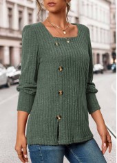 Olive Green Button Long Sleeve Square Neck T Shirt | thumb picture 