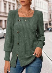 Olive Green Button Long Sleeve Square Neck T Shirt | thumb picture 
