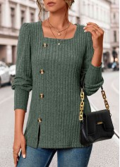 Olive Green Button Long Sleeve Square Neck T Shirt