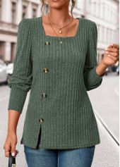 Olive Green Button Long Sleeve Square Neck T Shirt | thumb picture 