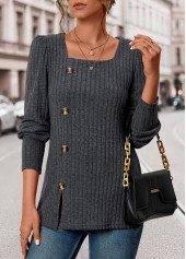 Dark Grey Button Long Sleeve Square Neck T Shirt