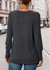 Dark Grey Button Long Sleeve Square Neck T Shirt