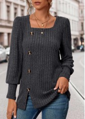 Dark Grey Button Long Sleeve Square Neck T Shirt