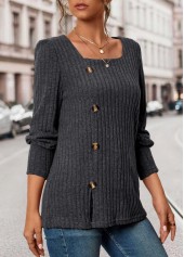 Dark Grey Button Long Sleeve Square Neck T Shirt