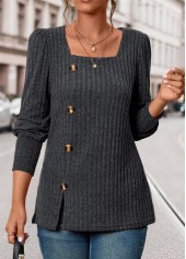 Dark Grey Button Long Sleeve Square Neck T Shirt